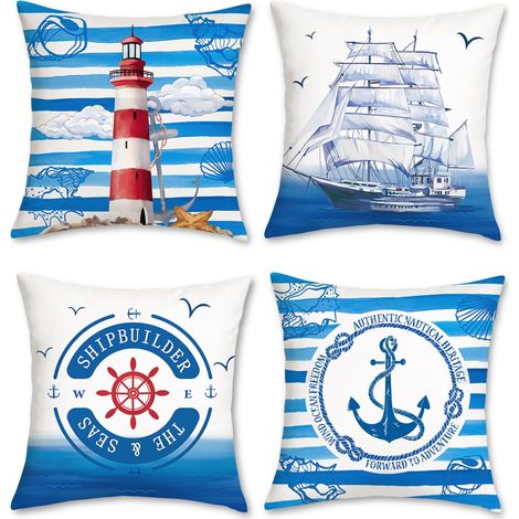 Lot de 4 Housse de Coussin 45 x 45 cm Nautique Bleu Voilier Phare Ancre Velours Doux Décoratif Taie d'oreiller pour Canapé Lits Chaises Voiture Salon Maison Décor (1/5)