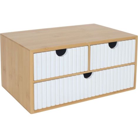 Bote à tiroirs, bambou et MDF, 3 tiroirs, H x L x P : 15 x 30 x 20 cm, organiseur de bureau, blanc/nature (1/5)
