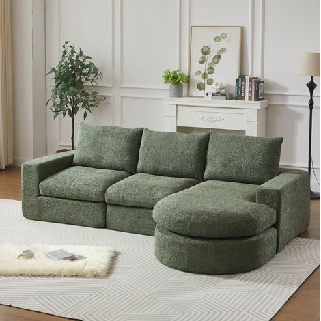 Divano angolare modulare con chaise longue reversibile, 4 moduli, cuscini e poggiatesta, ciniglia verde - Bracciolo sinistro (1/5)