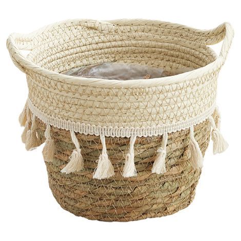 Cache-pot en jonc de mer tressé – 17x16x13cm – Doublure plastique étanche – Panier à plantes d'intérieur bohème (1/5)