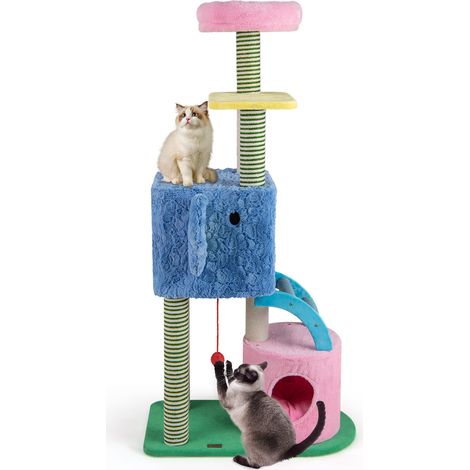 Arbre à Chat Design Éléphants, Tour à Plusieurs Niveaux avec 2 Condos, Perchoir Rembourré, Griffoirs, Échelle, Jouet, Plate-formes, Coussin (1/5)