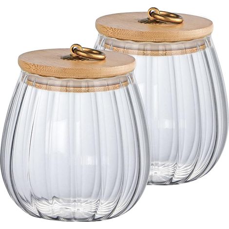 Lot de 2 bocaux de rangement en verre avec couvercle en bambou, 750 ml, récipients de rangement décoratifs hermétiques pour thé, café, sucre, noix (1/5)