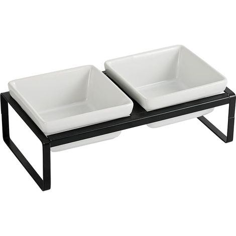 Ceramic Raised Cat Bowls - Double Cat Bowl with Non-Slip Metal Stand - Ideal for Small Rabbits and Guinea Pigs, 2 x 260 ml - White (1/5)