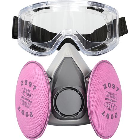 Demi-masque respiratoire réutilisable, filtre 2097 et lunettes de protection, bouchons d'oreilles, adapté à la peinture, à la poussière, au travail du bois et aux vapeurs organiques (1/4)