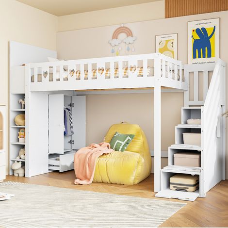 Lit mezzanine 90 x 200 cm en bois de pin et MDF blanc avec échelle de rangement, étagères, placard pliant et barrière en forme de cœur – de FLORAGRACE (1/5)
