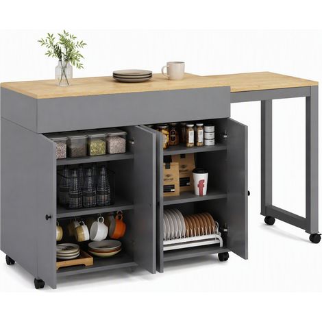 Table bar extensible avec rangement, 117 à 180 cm, 6 niches de stockage, plateau gris en MDF, idéale pour cuisine, salle à manger ou bureau  CHICFURN (1/5)