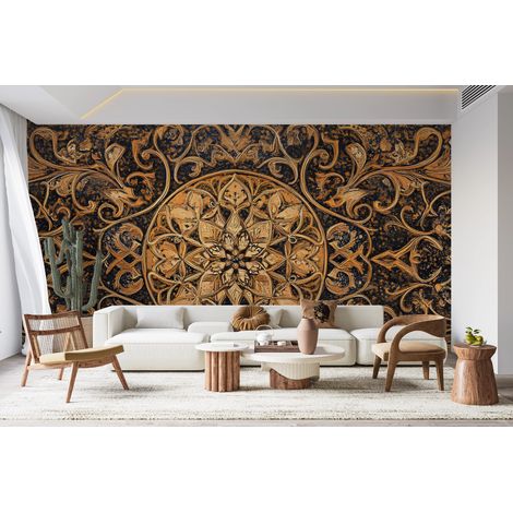 Papier peint baroque - grands motifs dorés sur fond noir - 150 x 250 cm (1/2)