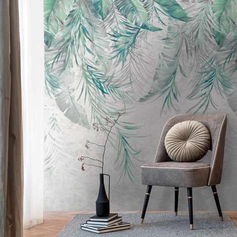 Fotomural Profhome 398191 papel pintado vinílico estampado en caliente tejido non tejido liso con dibujo de jungla mate gris verde azul 1,59 m x 2,8 m