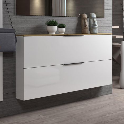 Zapatero Achiko, Mueble para 12 Pares, 4 Compartimentos Made in Italy, 2 Puertas, 160x19x80h cm Blanco Brillante