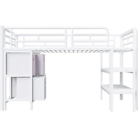 Letto a soppalco per bambini 90x200 cm in metallo bianco con contenitore e scala larga (1/5)