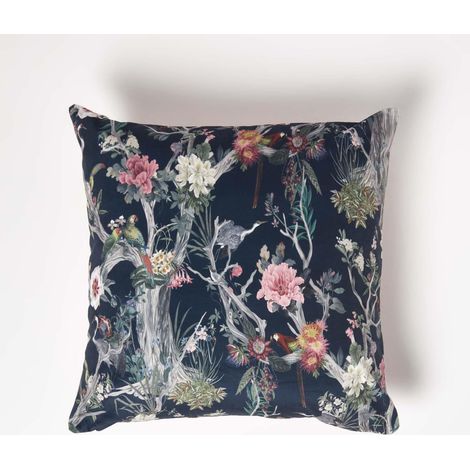HOMESCAPES Floral Garden Parrot Filled Velvet Cushion 46 x 46 cm