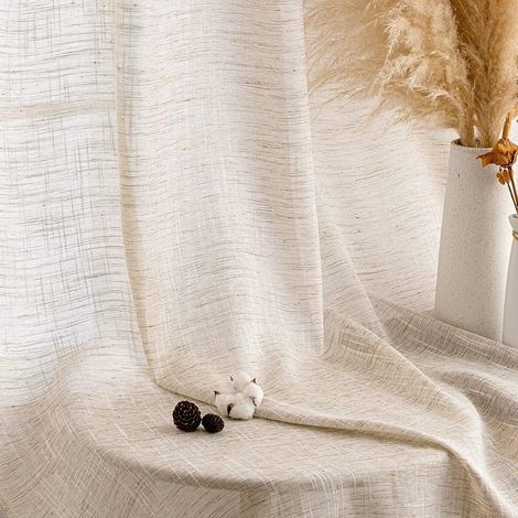 Voile Lin Naturel Lot de 2 140x175cm Transparent Rideaux Oeillets (1/5)