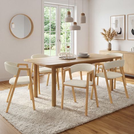 Lote de 6 sillas CAMILLE de tela beige y metal efecto madera con reposabrazos (1/5)