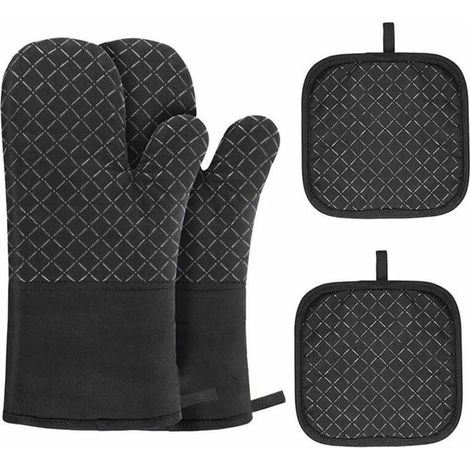 Set di 4 guanti da forno in silicone resistenti al calore + tappetino antiscivolo nero per barbecue, cottura al forno e microonde.