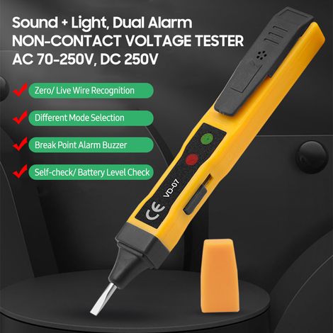 Lápiz comprobador de tensión CA sin contacto, 70-250 V CA y 250 V CC, detector NCV portátil con doble alarma sonora y visual, detección de fase/cero, detección de punto de ruptura, comprobación del ni
