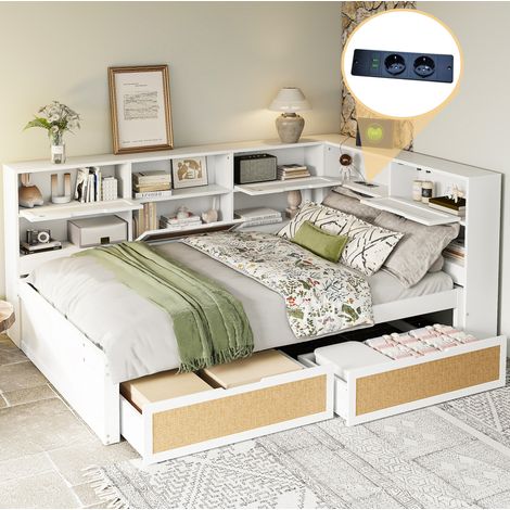 Cama sofá multifuncional 140x200 cm blanca de MDF, con USB, almacenaje y 2 cajones (1/5)