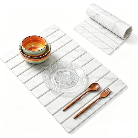 Tapis d'égouttement 60 x 40 cm en terre de diatomée absorbant l'eau - Pliable - Résistant à la chaleur - Pour machine à café et tasses - Marbre blanc (1/5)