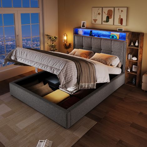 Cama tapizada moderna de lino gris 90x200 cm con cabecero, arcón hidráulico, LED y puertos USB/Type-C (1/5)