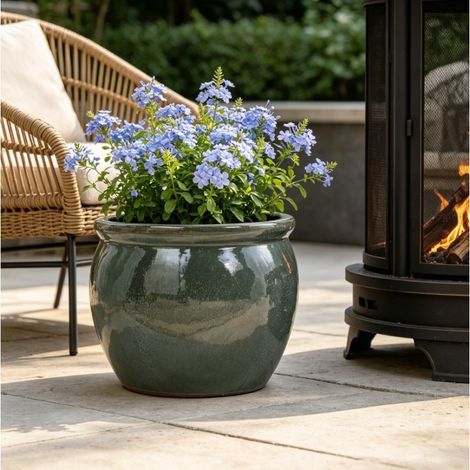 VVBV Pot de fleurs en céramique, Ø 37 cm, fait main, résistant au gel, trou de drainage, finition brillante, Bleu (1/5)
