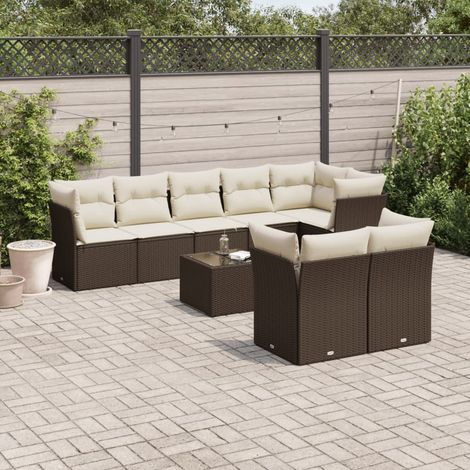 Set de sofás de jardín 9 pzas y cojines ratán sintético marrón vidaXL (1/5)
