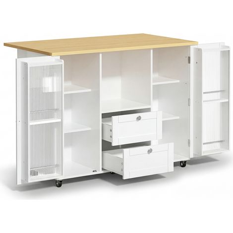 Îlot de cuisine sur roulettes avec plateau rabattable, meuble de cuisine indépendant, desserte de service avec rangement, 2 tiroirs, range-épices, porte-serviettes, roulettes verrouillables, 120 × 45 (1/5)