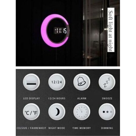LED-Wanduhr, kreative Fernbedienung, Digitaluhr mit ausgeschnittenem Spiegel und Temperaturalarm, 7 Farbwechselmodi. (1/5)