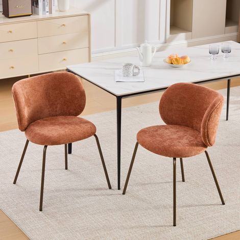 Lot de 2 chaises de salle à manger, Chaise de cuisine confortable avec dossier incurvé, Tissu chenille doux et pieds en métal bronze, Orange (1/5)