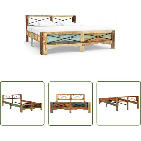 The Living Store Cadre de lit Bois de récupération massif 140 x 200 cm - Cadre De Lit - Lit En Bois - Lit Vintage - Meubles Rustiques - Mobilier Recyclé (1/5)