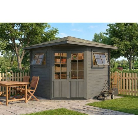 Alpholz 5-Eck Gartenhaus Modell Sunny-B Gartenhaus aus Holz in Grau, Holzhaus mit 28 mm Wandstärke, Blockbohlenhaus mit Montagematerial
