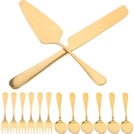 Ensemble 14 ustensiles cuisine inox doré : couteaux, spatules, fourchettes, cuillères pour gâteau, pizza, fromage (1/5)