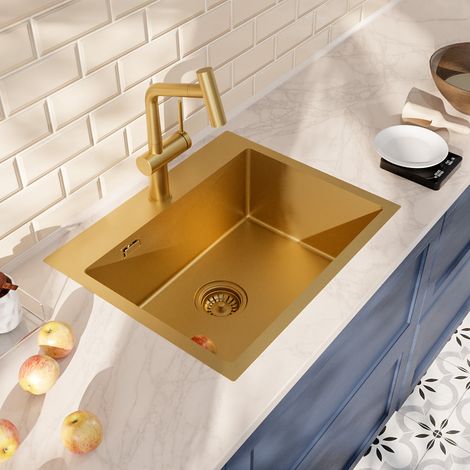 Ceramia Timeless 55x45x21 cm lavello da incasso + miscelatore in acciaio inox con doccetta estraibile, oro spazzolato