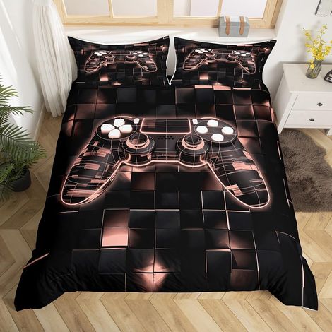 Housse de Couette 200x200 cm avec 2 Taies d'oreiller, Parure de Lit Gamer pour Garcon Fille, Sets de Housses de Couettes Manette de Jeux Couvre Lit Carré Géométrique Rose Clair (1/5)