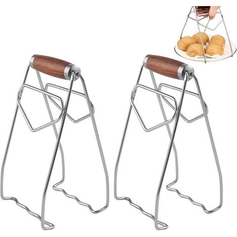 Pinza per piatti in 2 pezzi, sollevatore per piatti resistente al calore in acciaio inox 304 con manico in legno, morsetto antiscivolo per pentole, adatto per friggitrice ad aria, forno e piano cottur (1/5)