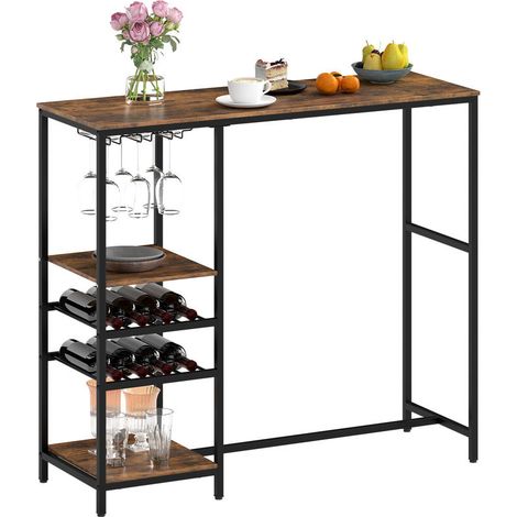 Style rustique, table de bar 121 cm avec porte-verres, range-bouteilles et étagères, pour cuisine ou salon (1/5)