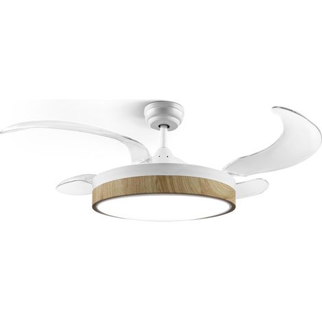 Ventilateur de plafond, moteur DC 40W, silencieux et efficace, 106 cm, lampe LED intégrée 48 cm, 4 pales rétractables, 3 tons de lumière, 6 vitesses, minuterie, télécommande, blanc/bois (1/5)