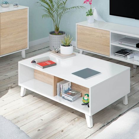 Mobimarket – Table basse relevable blanche en mélamine et chêne canadien – Dimensions 100 x 68 x 38-50 cm – Plateau relevable pour rangement (1/10)