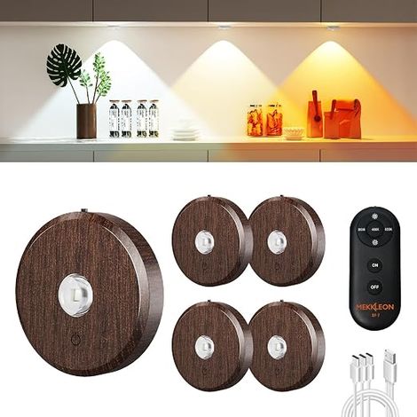 Puck Lights with Remote Control Rechargeable, Wireless Under Cabinet Lighting, 2000mAh Battery Operated Tap Push Touch Lights (Wood Color) (1/5)