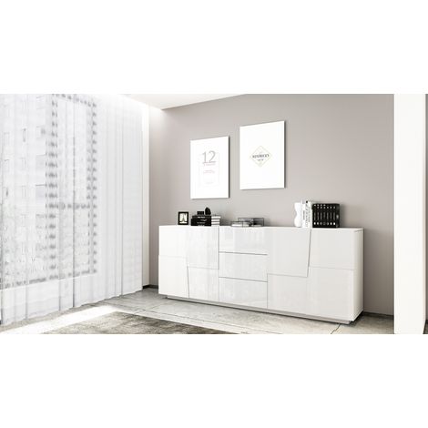 Buffet/bahut moderne 4 portes/3 tiroirs blanc brillant Pedro (1/4)