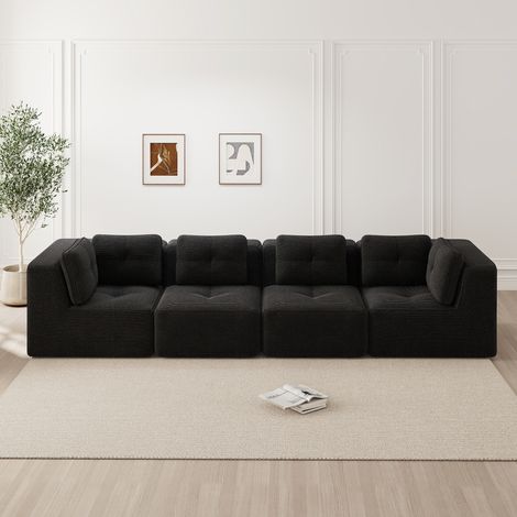 Sofá modular de 4 plazas en pana, asiento profundo 74 cm, sin montaje, negro DESVIAE (1/5)