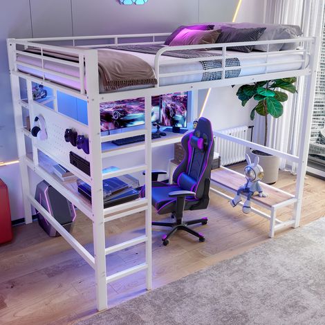 Lit mezzanine 140x200 cm - Avec bureau - Avec garde-corps+échelle - Prises USB + Type-C - Avec LED - Blanc (matelas non inclus)