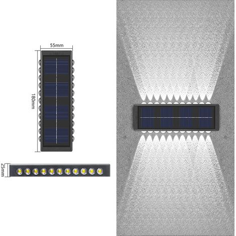 2-in-1-Solar-Wandlampe mit vertikaler und horizontaler Beleuchtung, 22 kalte weiße LEDs, ideal für Zäune, Außenwände und Außendekoration – kabellos, integriert wiederaufladbar, wetterfest