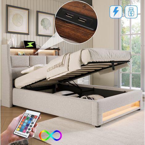 Letto imbottito vintage 90x200 cm beige, con testiera USB, LED, vano contenitore e rete a doghe (1/5)