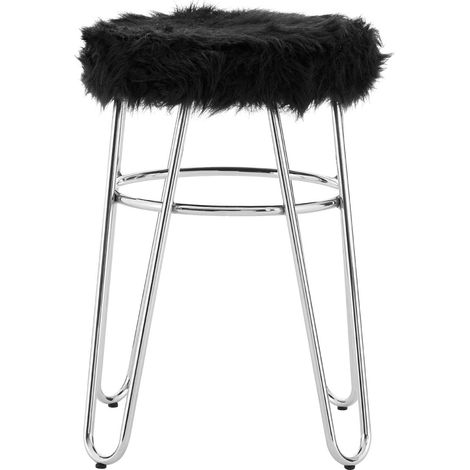 Interiors by Premier Chrome Metal and Black Faux Fur Stool, Small Hairpin Round Stool, Plush Fur Stool for Lounge, Bedroom (1/4)