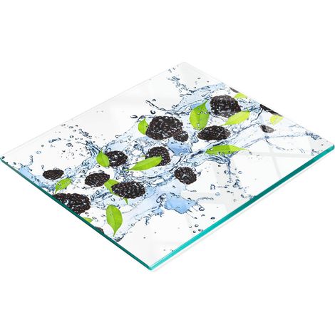 Tablero decorativo multifuncional de vidrio templado con dise帽o de moras y agua, 60x52 cm.