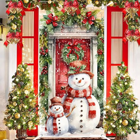 Couverture de Porte de Bonhomme de Neige Noël, Décoration Noël Rouge Vert Couverture de Porte d'Entrée Bannière Suspendue Toile de Fond, Décoration de Porte Noël Extérieure pour Fête Noël 90x180cm (1/5)