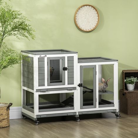 Clapier lapin intérieur cage lapin en bois design de luxe 3 niveaux avec 3 plateaux amovibles 110 x 50 x 86 cm gris