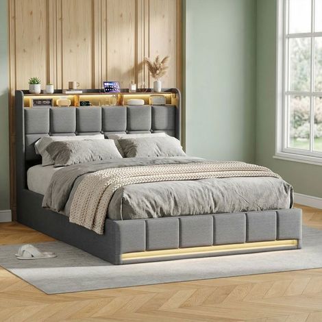 Cama lit 140x190 - POCKETPOP - Somier elevable - con USB y LED - 2 plazas - Gris