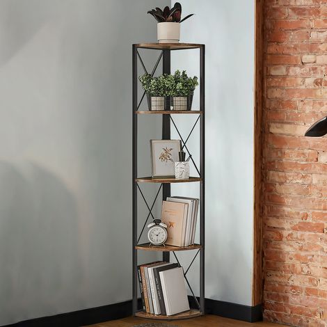Étagère Angle 5 Niveaux, Montage Facile, pour Salon, Salle de Bain, Cuisine, Balcon, Couloir, Marron Rustique et Noir (1/5)