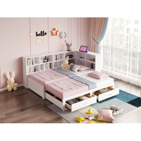 Canapé-lit enfant 90x190cm avec Lit Gigogne- Lit enfant avec compartiment de rangement et 2 tiroirs - prise électrique - Convertible en lit 180x190 cm - Canapé-lit 2-en-1 - Sommier à lattes - Blanc (1/5)