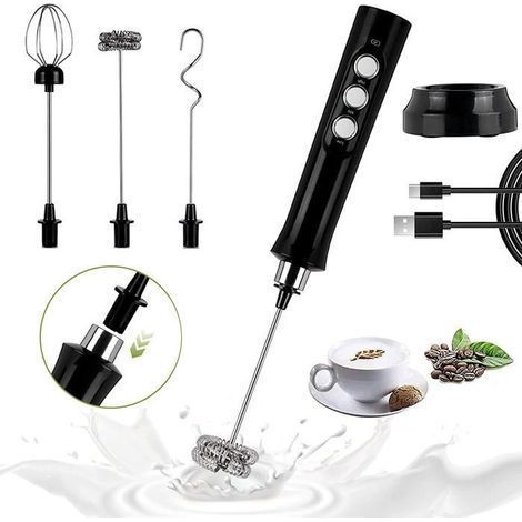Elektrischer Milchaufschäumer, USB-aufladbar, 3 Geschwindigkeitsstufen, mit 3 Edelstahl-Rührbesen, für Kaffee, Matcha und Sahne (1/5)